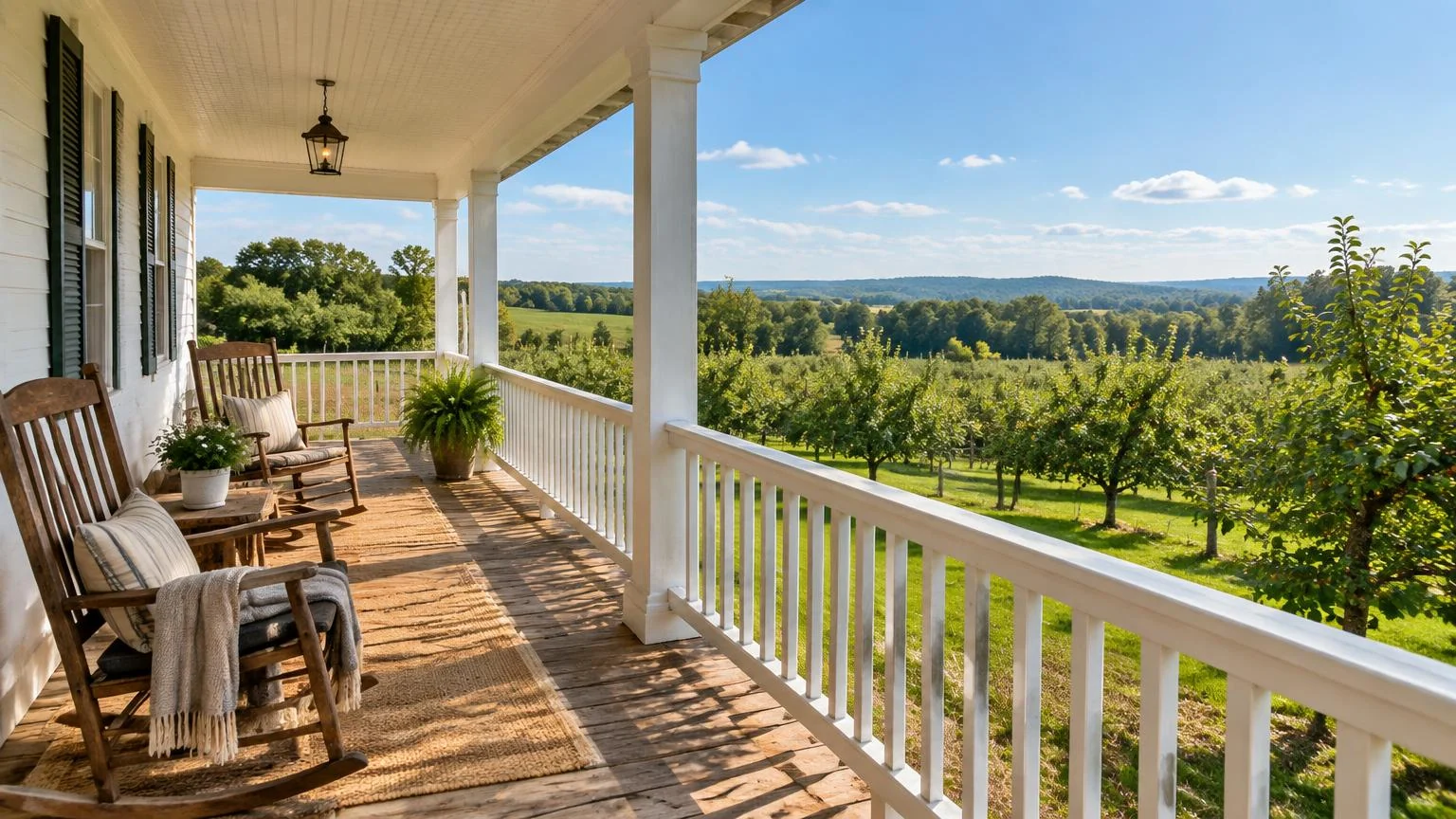 Welcoming farmhouse porch overlooking a sunlit orchard