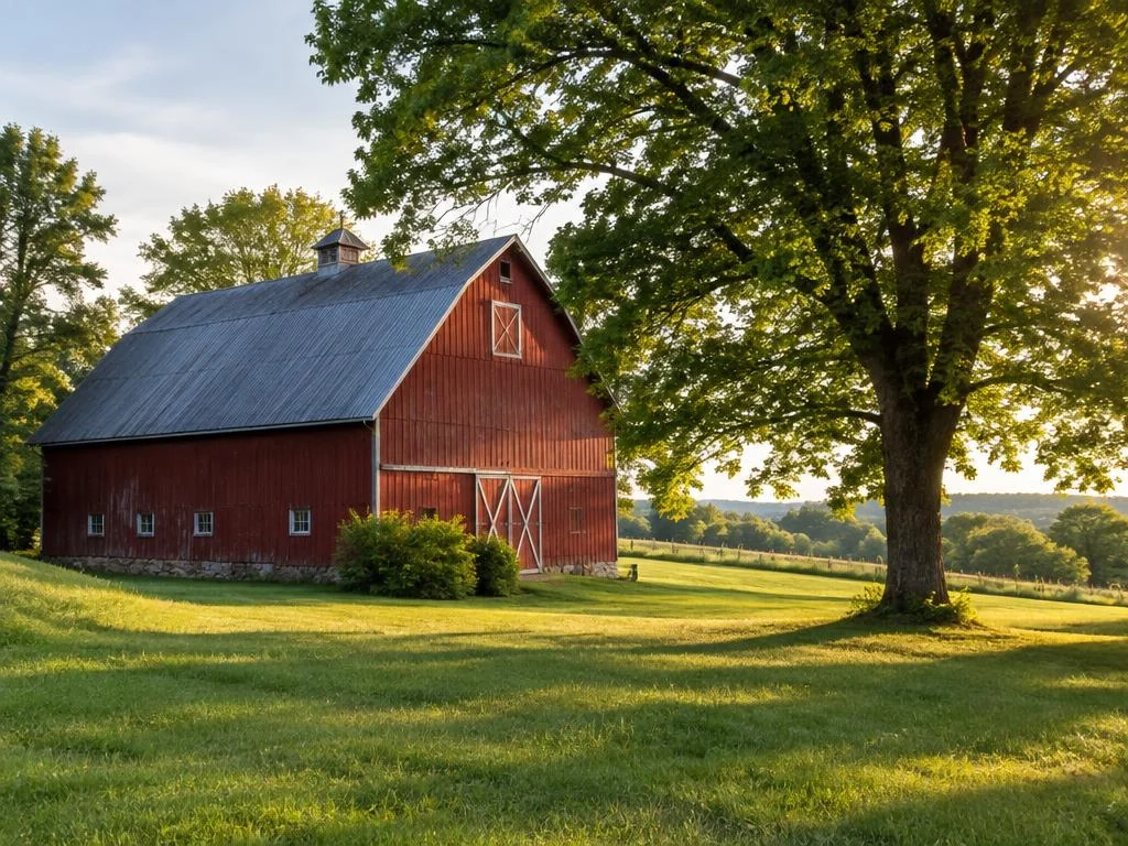 Old red family barn beside a sunlit field