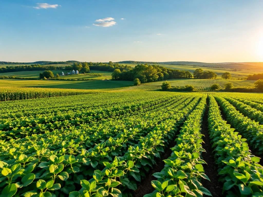 Green farmland with tidy rows of crops