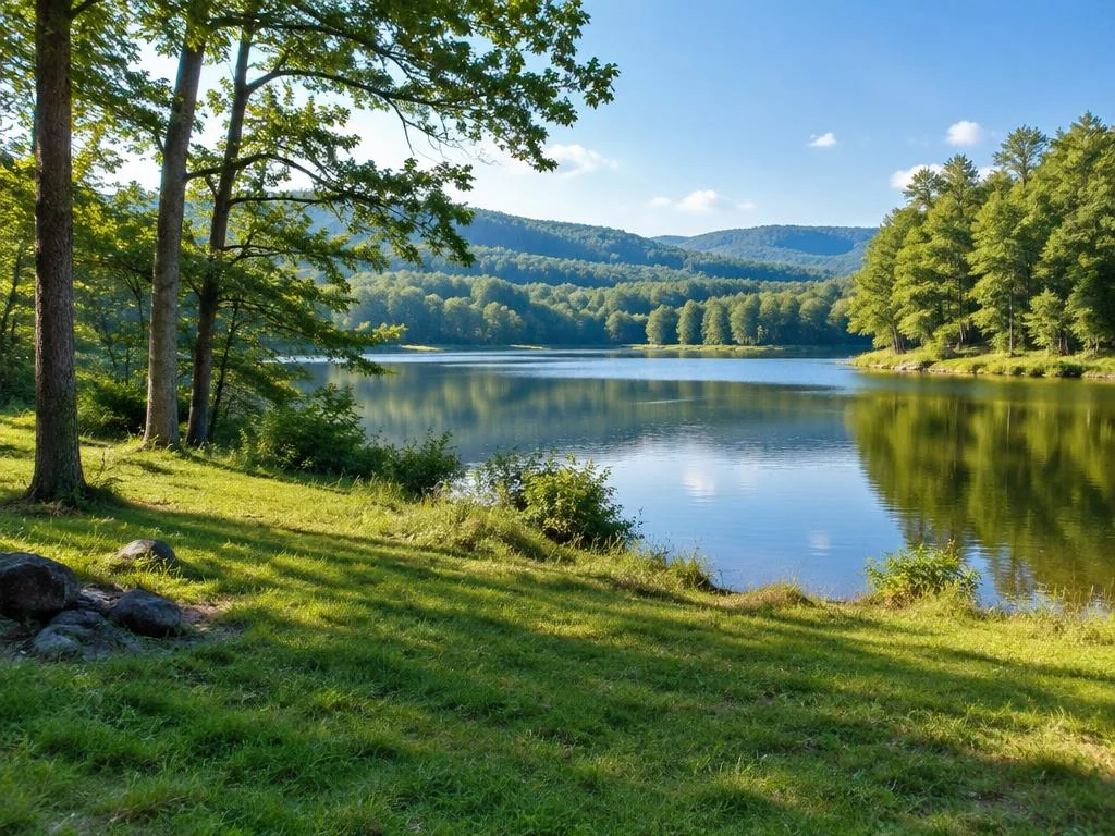 Peaceful lake bordered by meadow and woodland