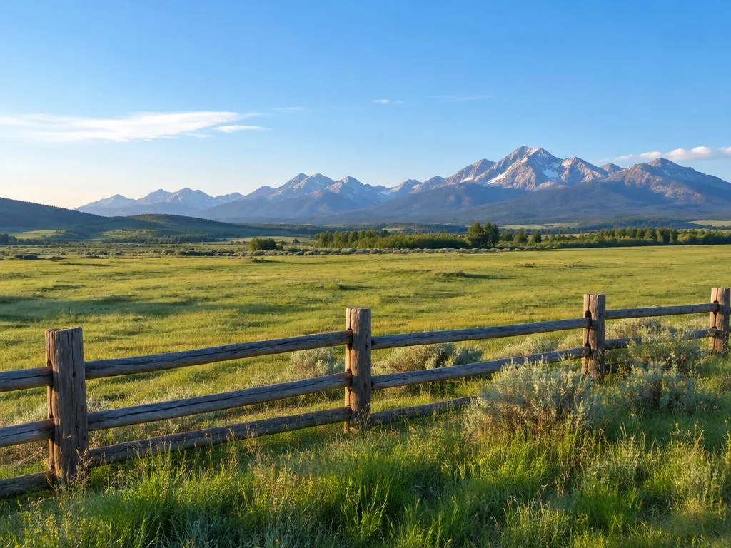 Open ranch pasture with mountain views