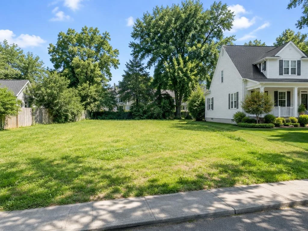 Grassy residential lot beside a well-kept white house