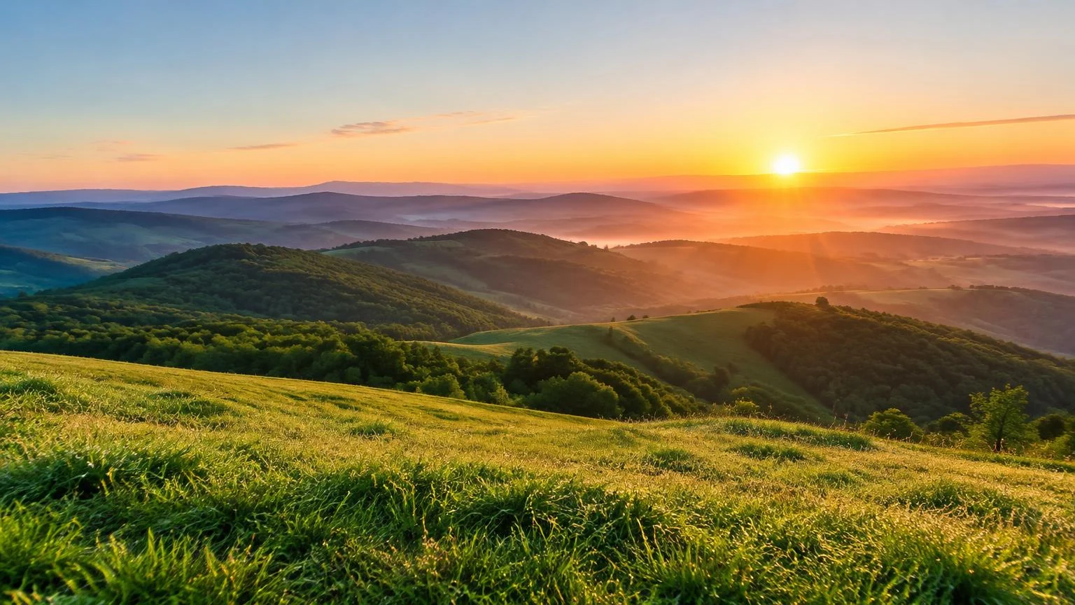 Sunrise over rolling green hills
