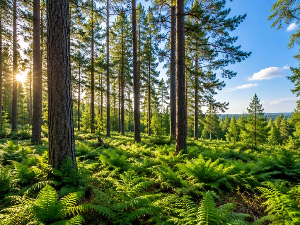 Sunlit pine forest with a lush fern floor